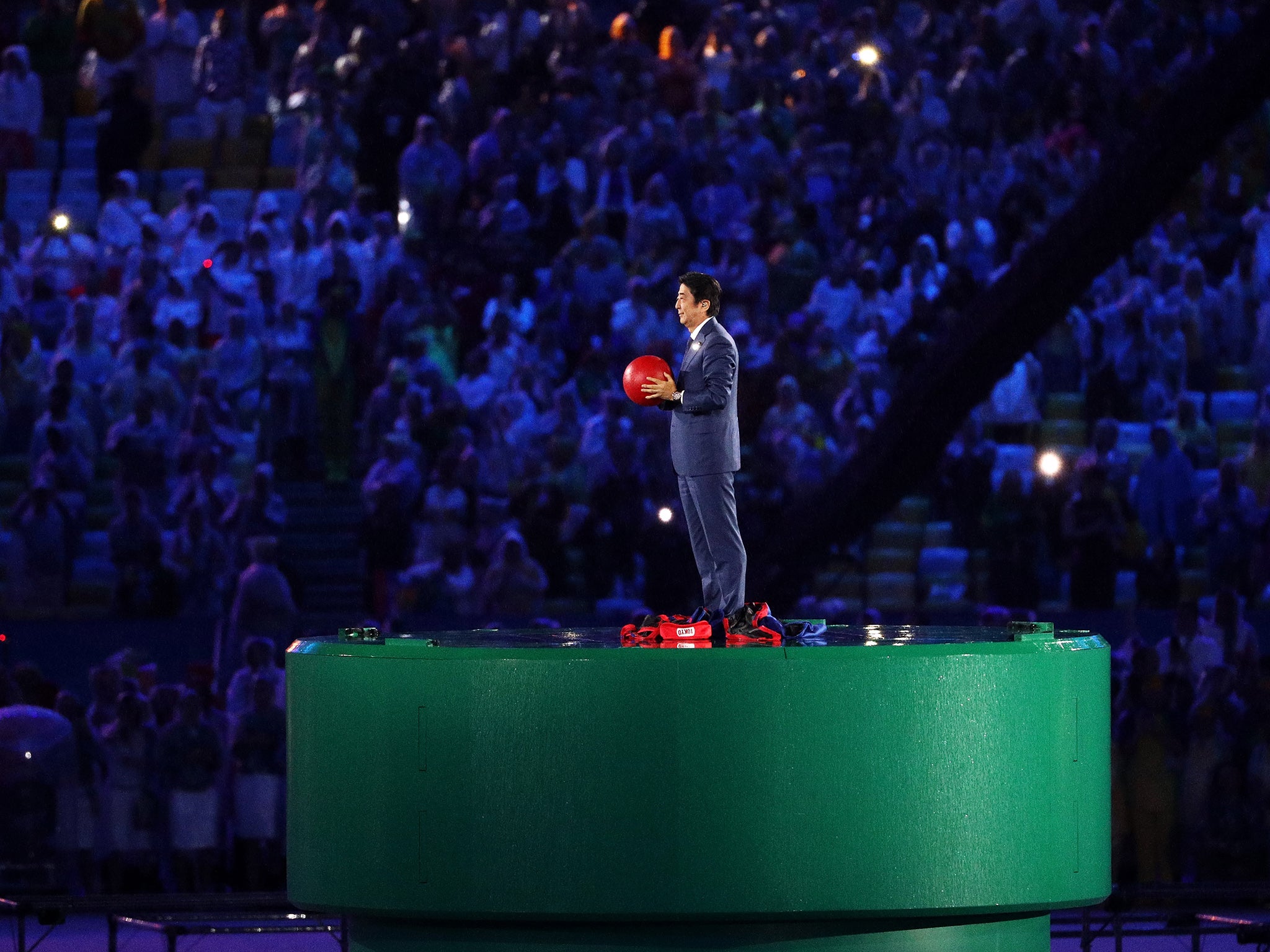 Abe appears during the closing ceremony of the Rio 2016 Olympic Games