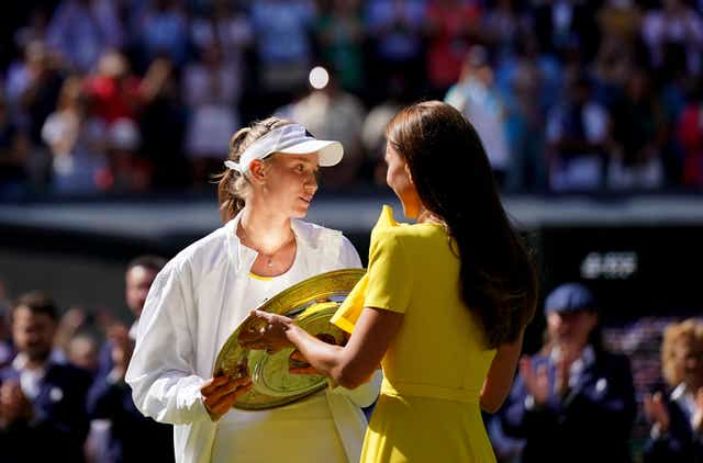 Elena Rybakina is presented with the The Venus Rosewater Dish by The Duchess of Cambridge following victory over Ons Jabeur in The Final of the Ladies’ Singles on day thirteen of the 2022 Wimbledon Championships at the All England Lawn Tennis and Croquet Club, Wimbledon. Picture date: Saturday July 9, 2022.