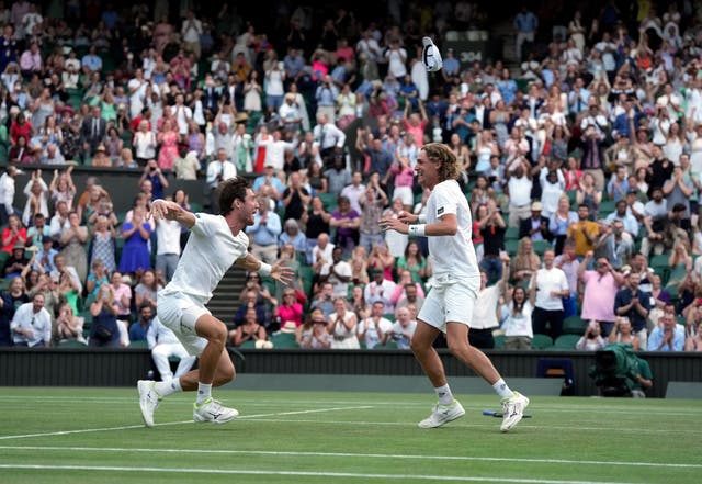 Matt Ebden and Max Purcell (right) celebrate victory over Nikola Mektic and Mate Pavic (Zac Goodwin/PA)