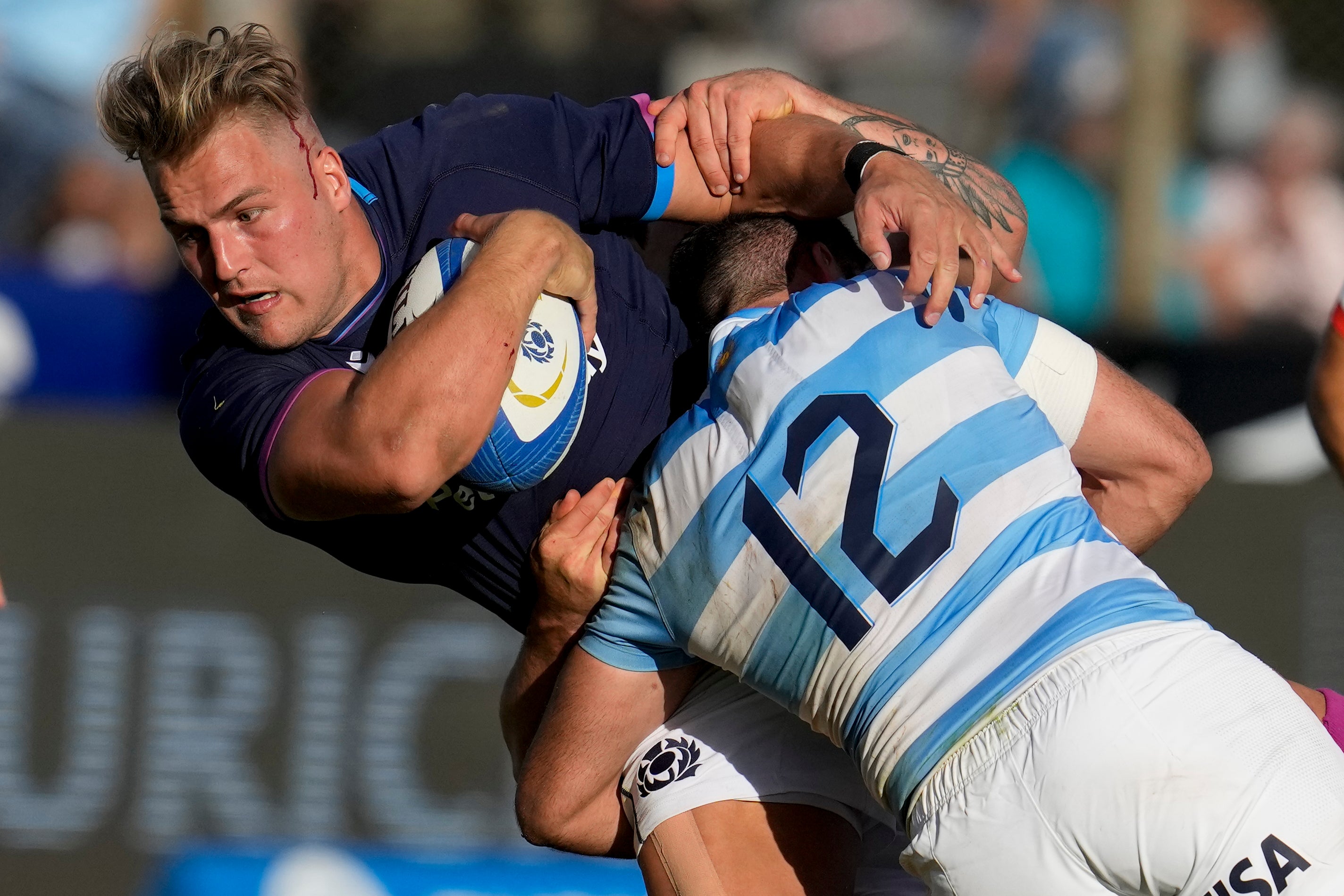 Scotland’s Duhan van der Merwe (left) in action during their 29-6 victory over Argentina in Salta (Natacha Pisarenko/AP)