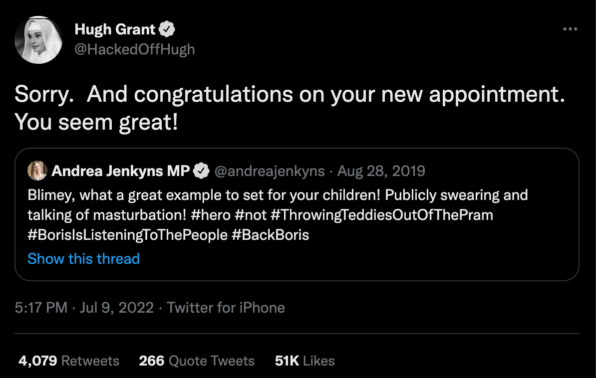 Hugh Grant highlighted a hypocritical 2019 tweet from Andrea Jenkyns MP