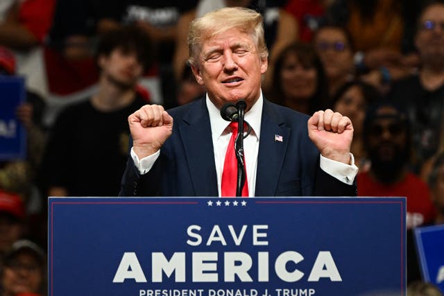 <p>Donald Trump speaks during a rally in Anchorage, Alaska, on 9 July </p>