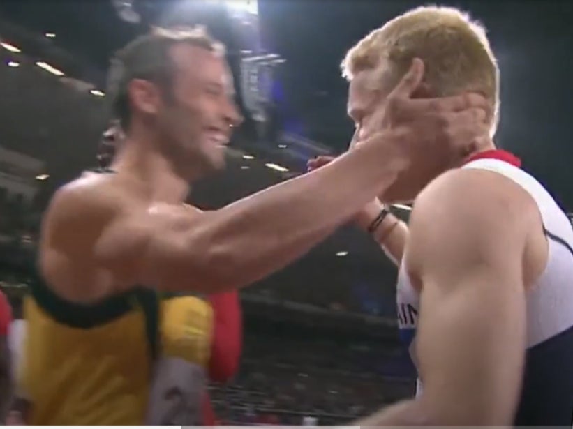 Oscar Pistorius could be seen congratulating Jonnie Peacock in Penny Mordaunt’s initial clip