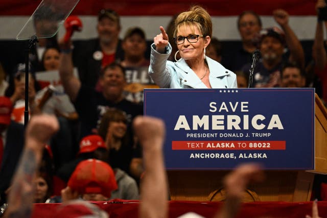 <p>Sarah Palin speaks on stage during a Save America rally before former US President Donald Trump in Anchorage, Alaska on July 9, 2022</p>