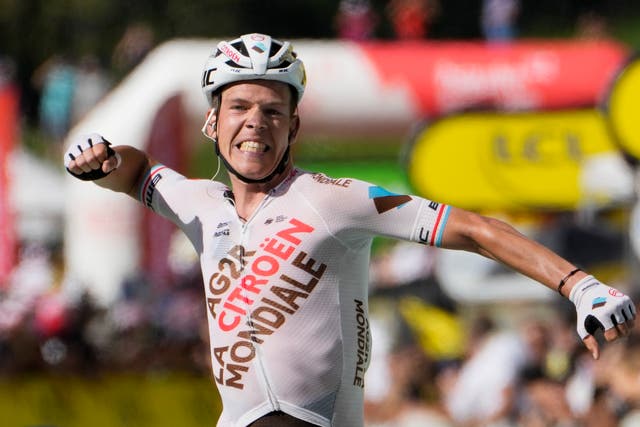 <p>Bob Jungels celebrates his Tour de France stage victory in Chalet on Sunday </p>