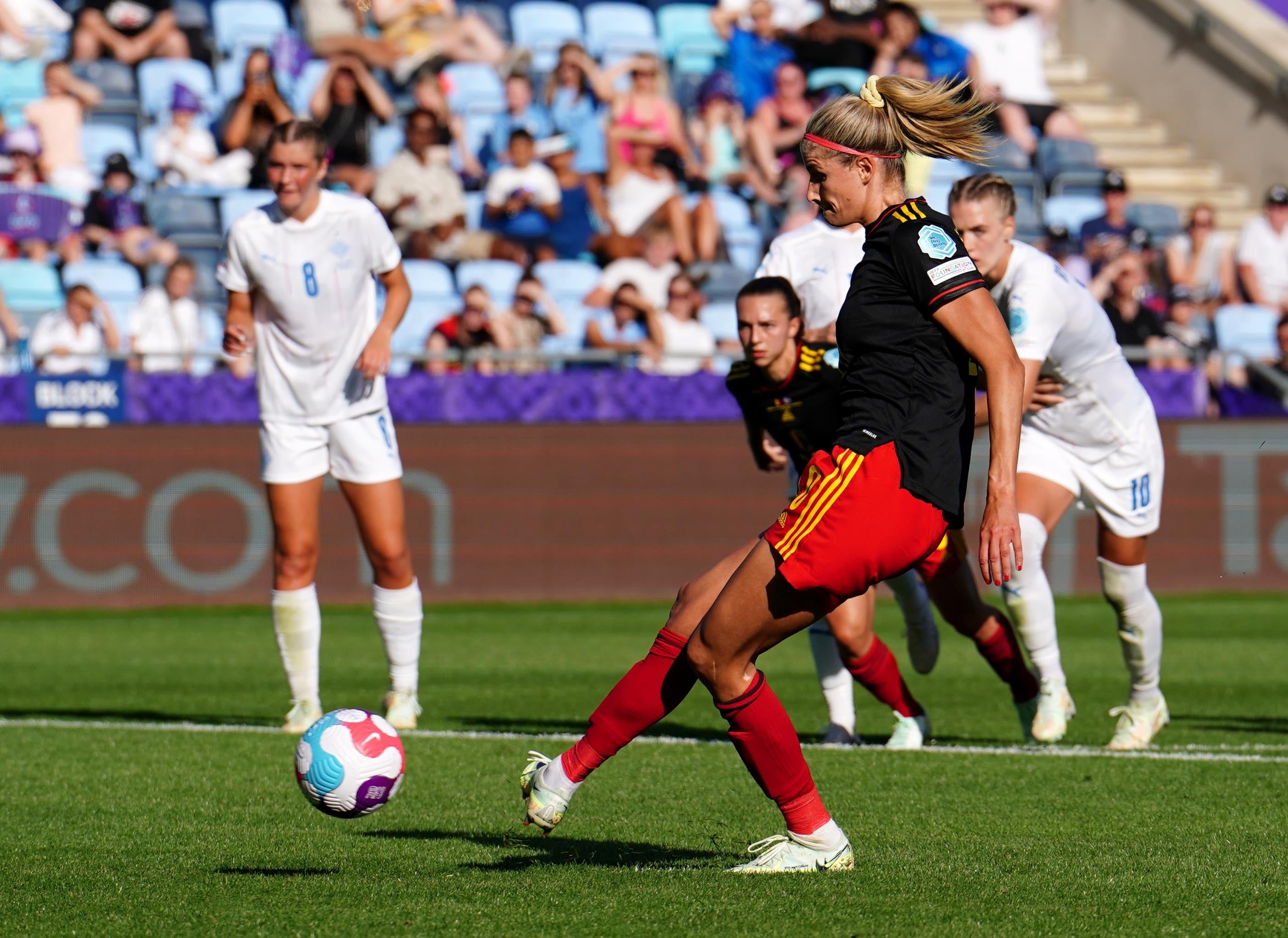 Belgium’s Justine Vanhaevermaet equalises from the penalty spot (Martin Rickett/PA)