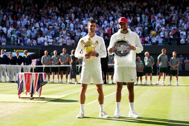 Wimbledon champion Novak Djokovic alongside runner-up Nick Kyrgios (Zac Goodwin/PA)
