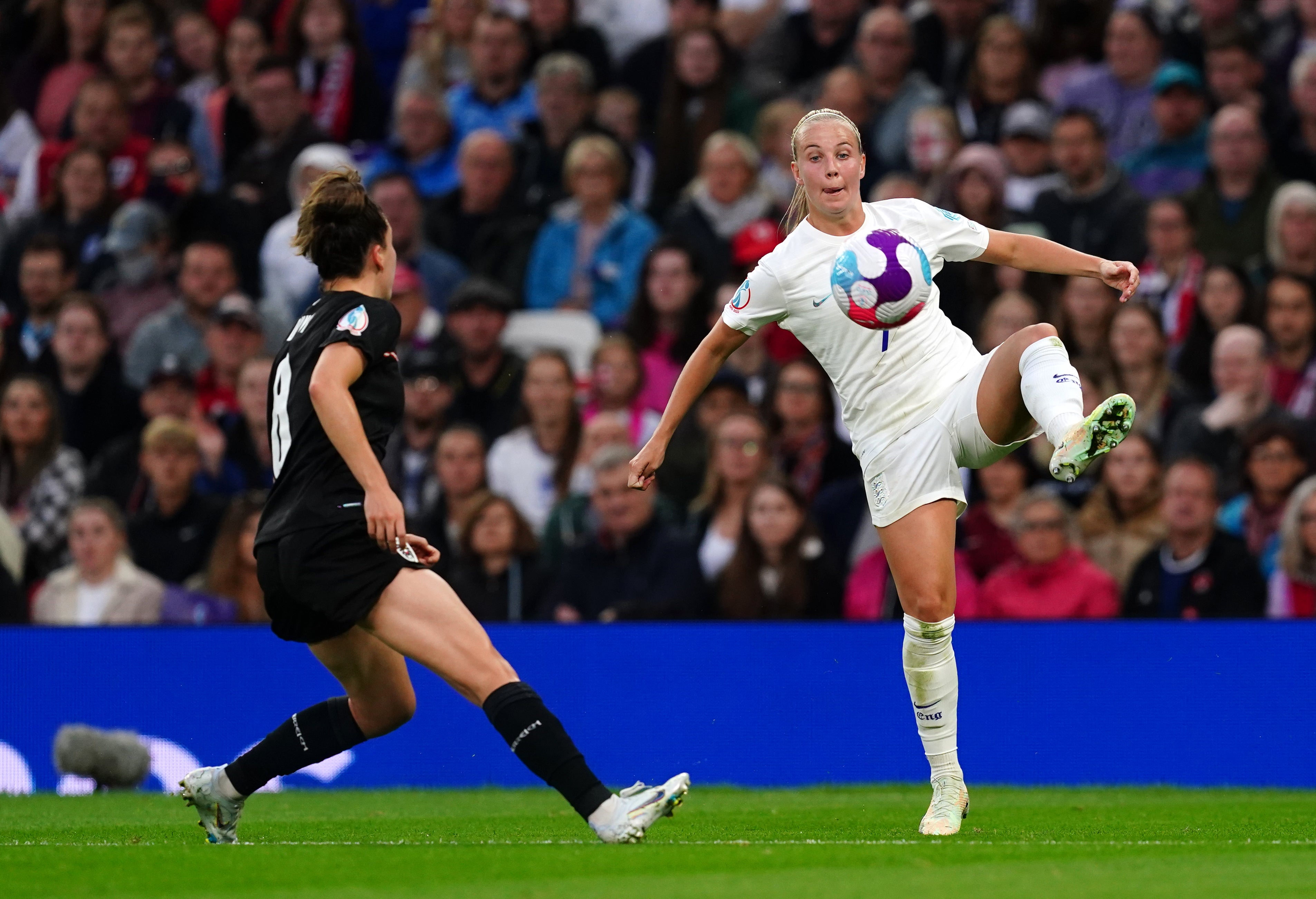 Beth Mead (right) has spoken about England wearing white shorts (Martin Rickett/PA)