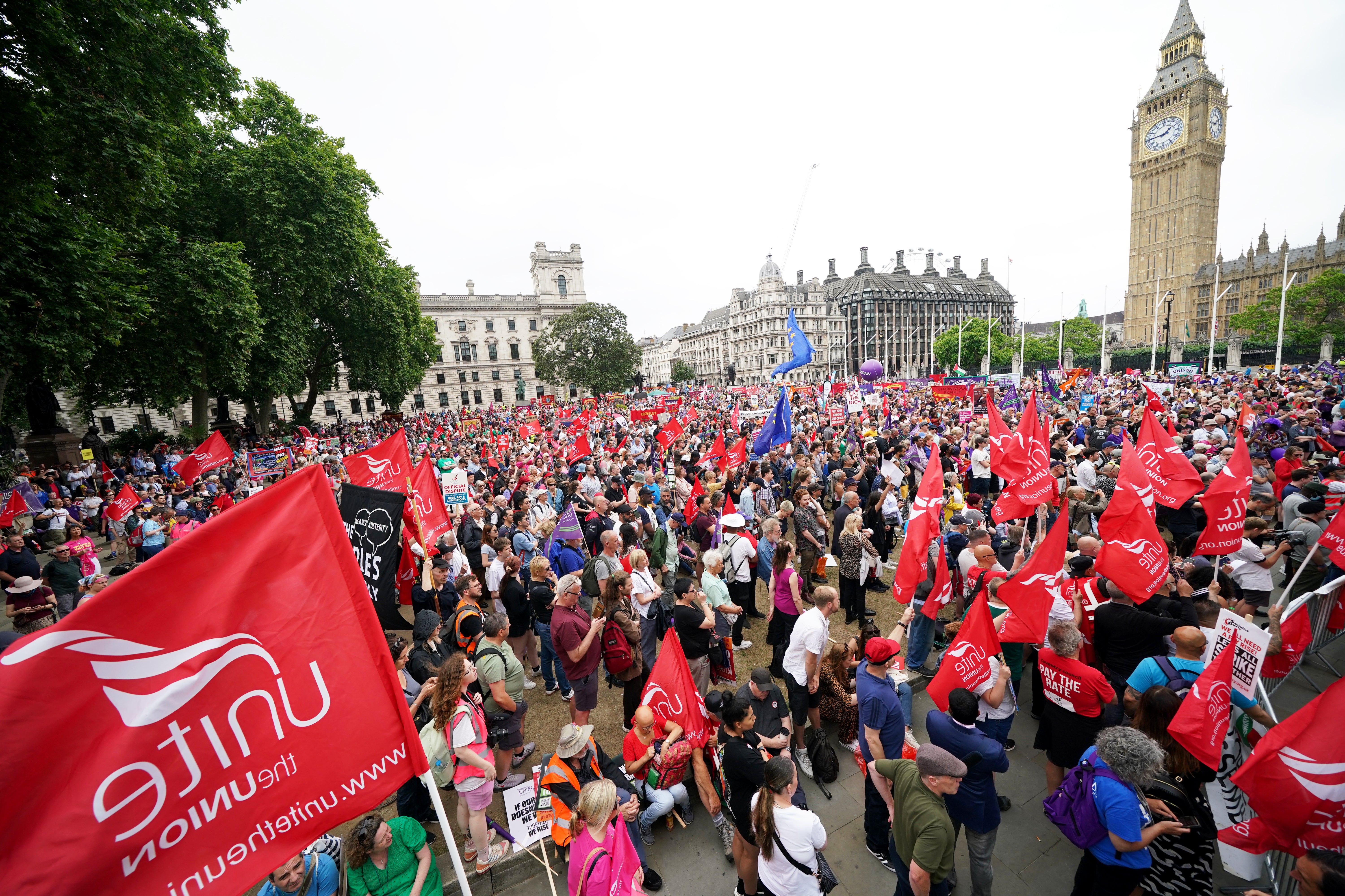 Union members and members of the public take part in a TUC national demonstration in central London to demand action on the cost of living, a new deal for working people and a pay rise for all workers (Yui Mok/PA)