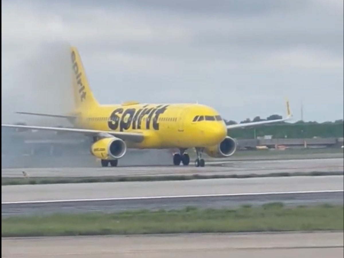 Spirit crew tell passengers to stay seated as plane catches fire on Atlanta landing