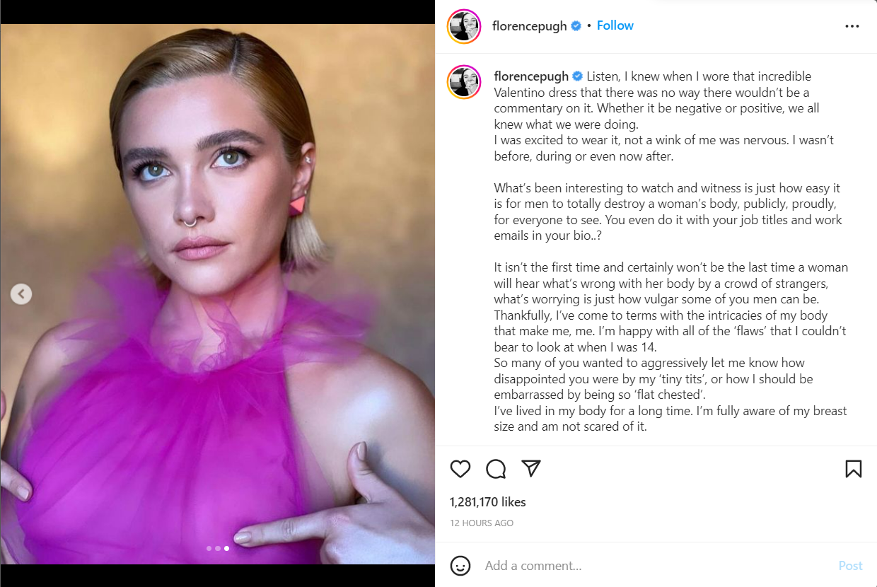 Florence Pugh addresses being body-shamed over her decision to wear a sheer gown
