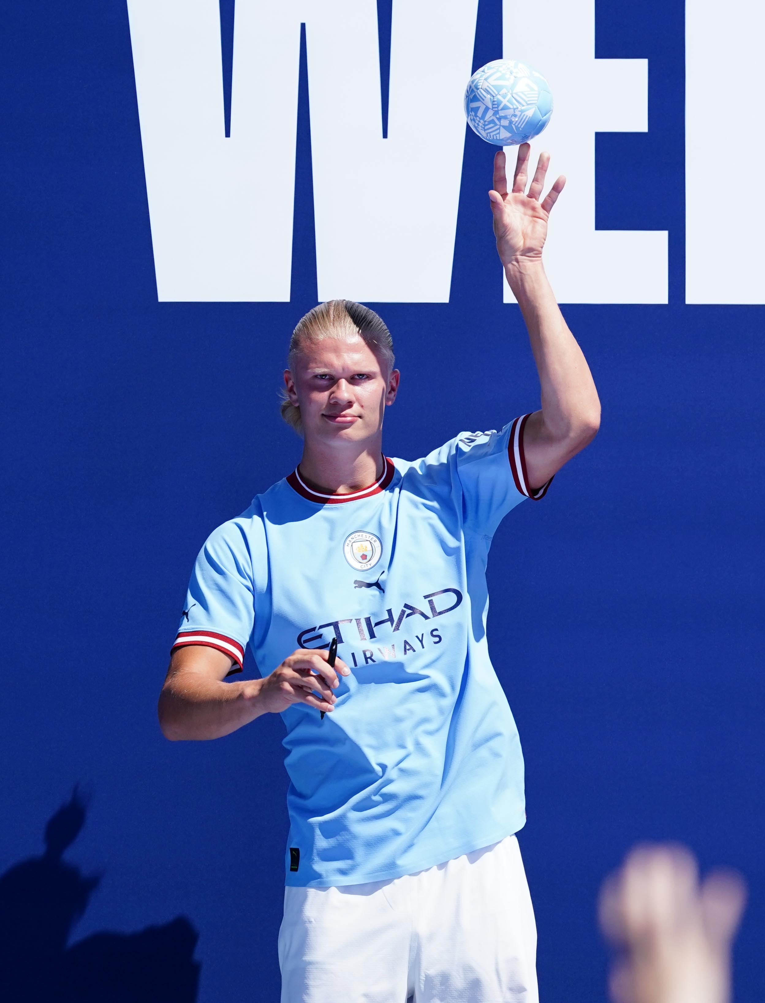New Manchester City signing Erling Haaland had fun with the crowd as he was presented to fans at a special event at the Etihad Stadium (Martin Rickett/PA)