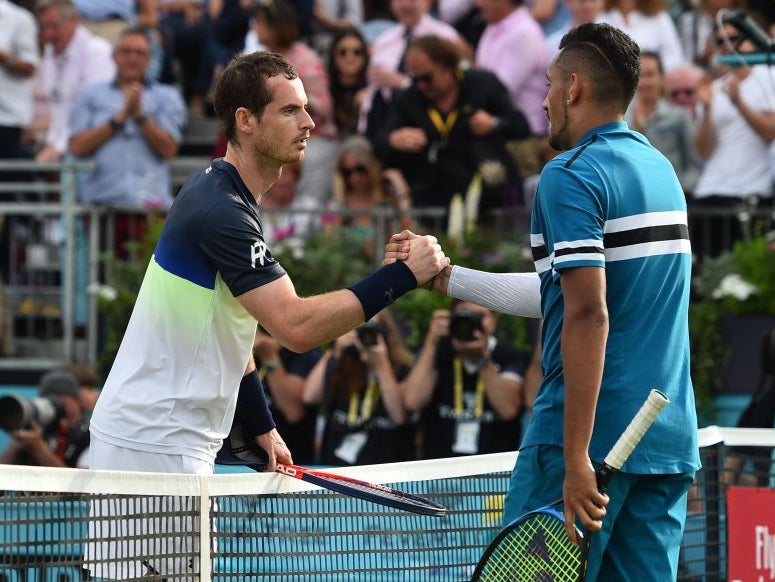 Andy Murray and Nick Kyrgios shake hands after playing at Queen’s in 2018