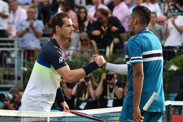 <p>Andy Murray and Nick Kyrgios shake hands after playing at Queen’s in 2018</p>