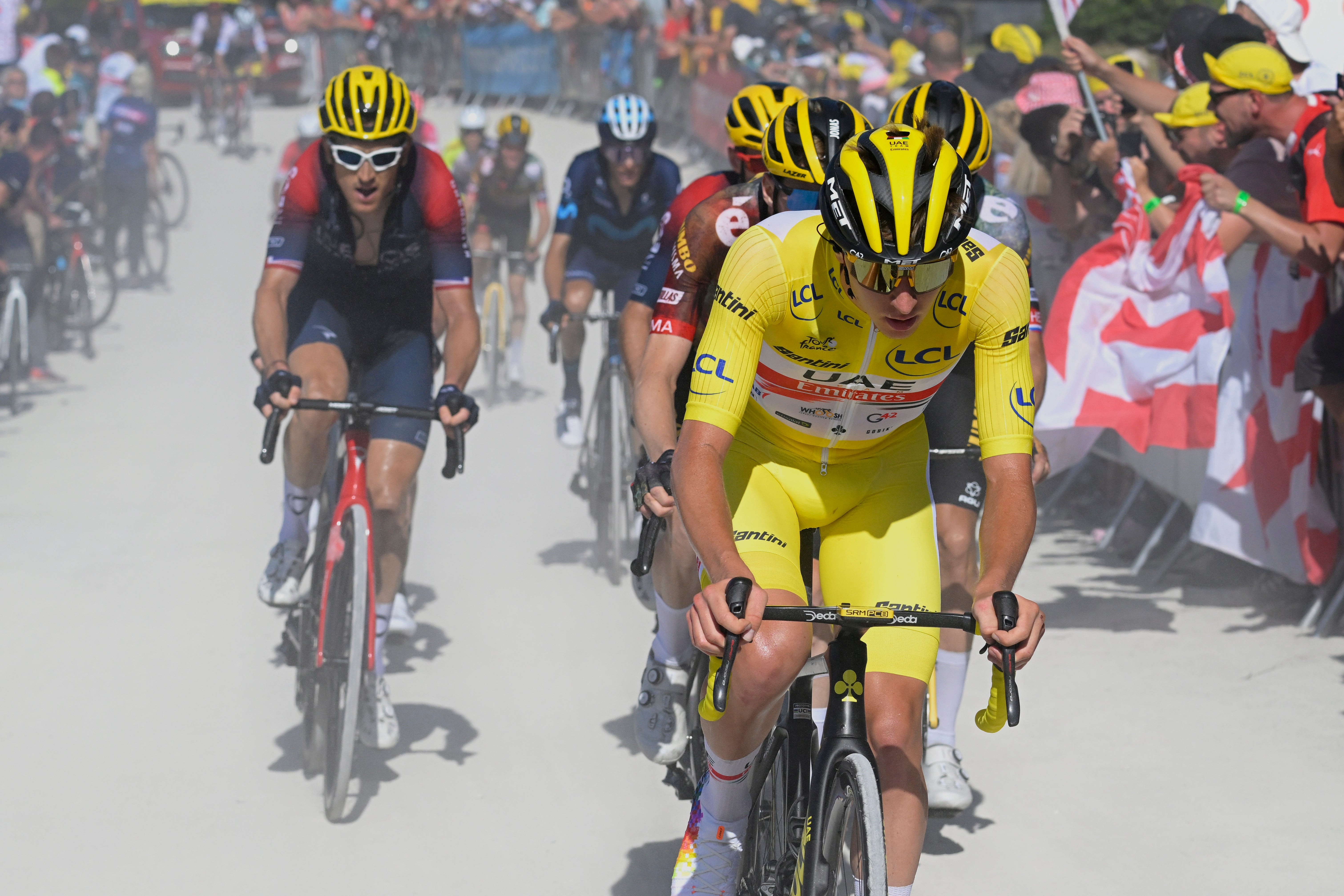 Geraint Thomas, left, has said Tour leader Tadej Pogacar is “on another level” (Bernard Papon/AP)