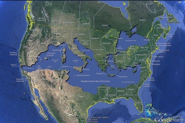 <p>A map superimposed the Mediterranean Sea over the United States, which has been going around with fake claims of climate change impacts </p>