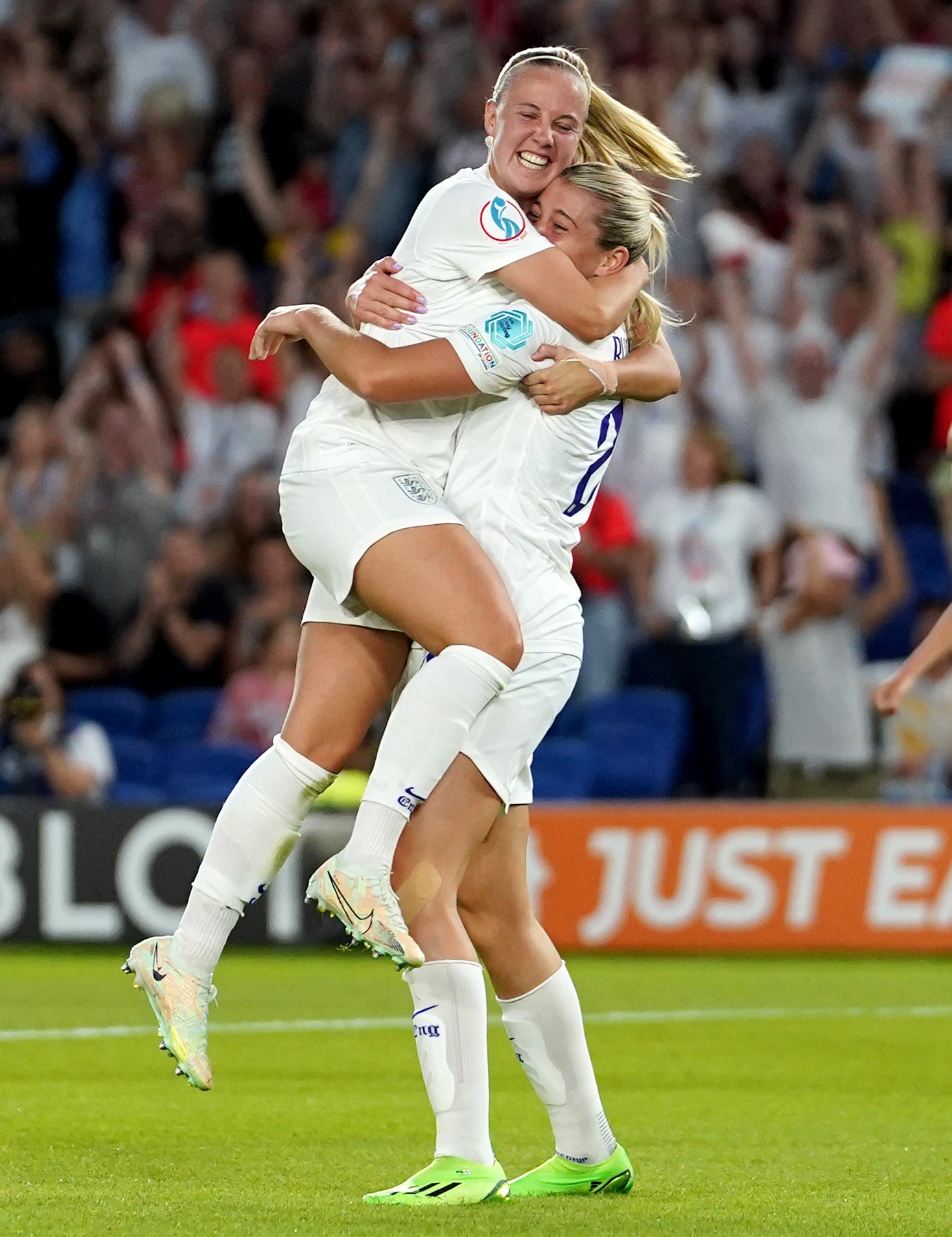 England’s Alessia Russo (right) celebrates scoring her side’s seventh goal with team-mate Beth Mead (Gareth Fuller/PA)