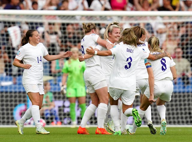 Lauren Hemp celebrates scoring England’s second goal against Norway (Gareth Fuller/PA)