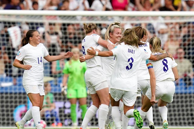 Lauren Hemp celebrates scoring England’s second goal against Norway (Gareth Fuller/PA)