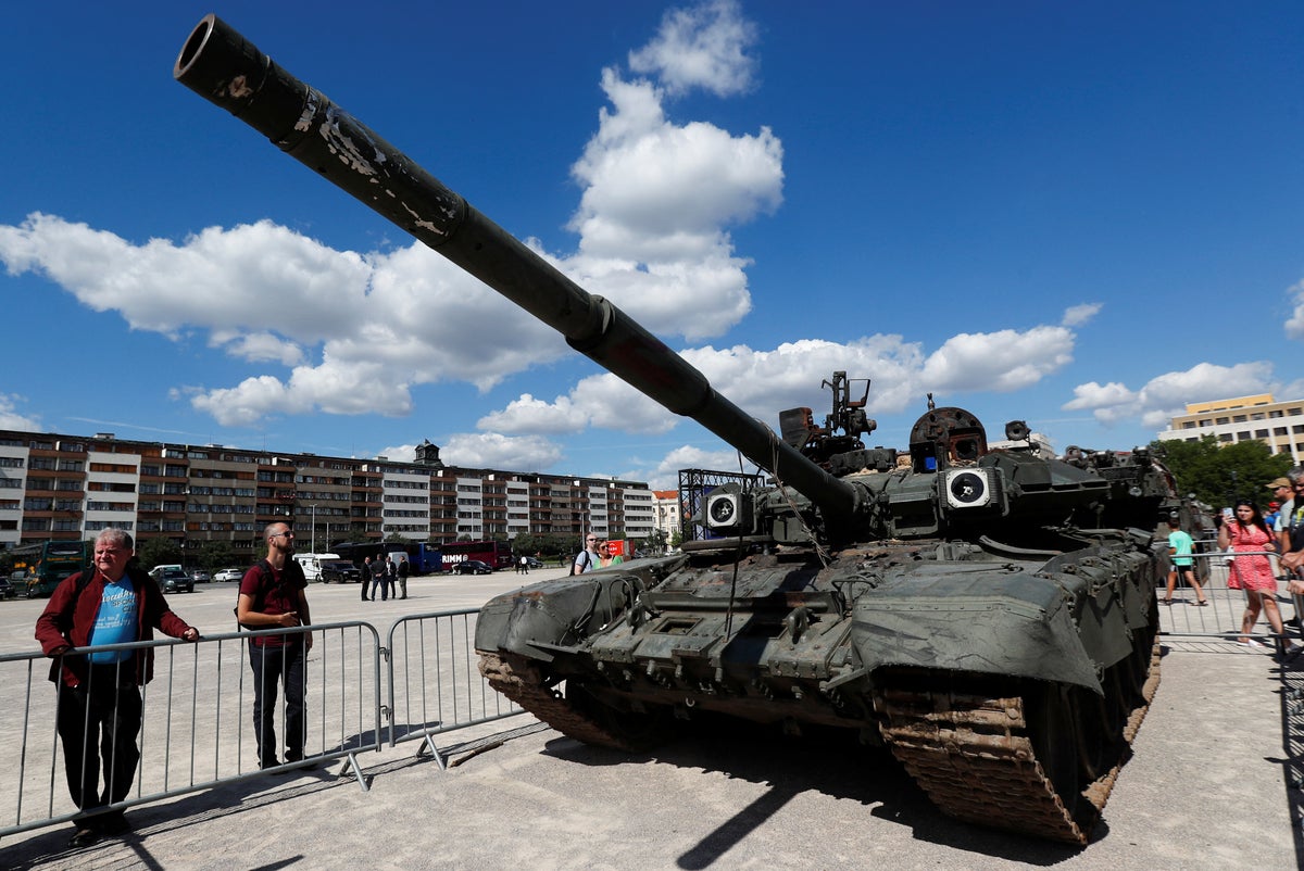 Russian military equipment captured by Ukrainian armed forces on display in Prague