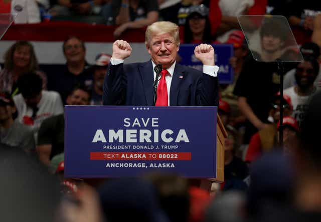<p>Former US president Donald Trump speaks during a “Save America” rally at Alaska Airlines Center on 9 July in Anchorage, Alaska</p>