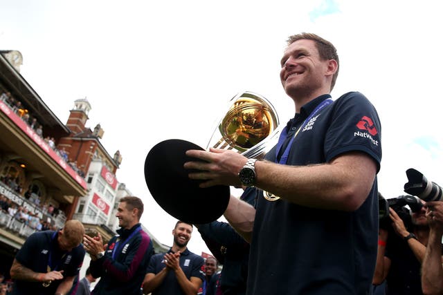 England’s Eoin Morgan with the World Cup trophy (Steven Paston/PA)