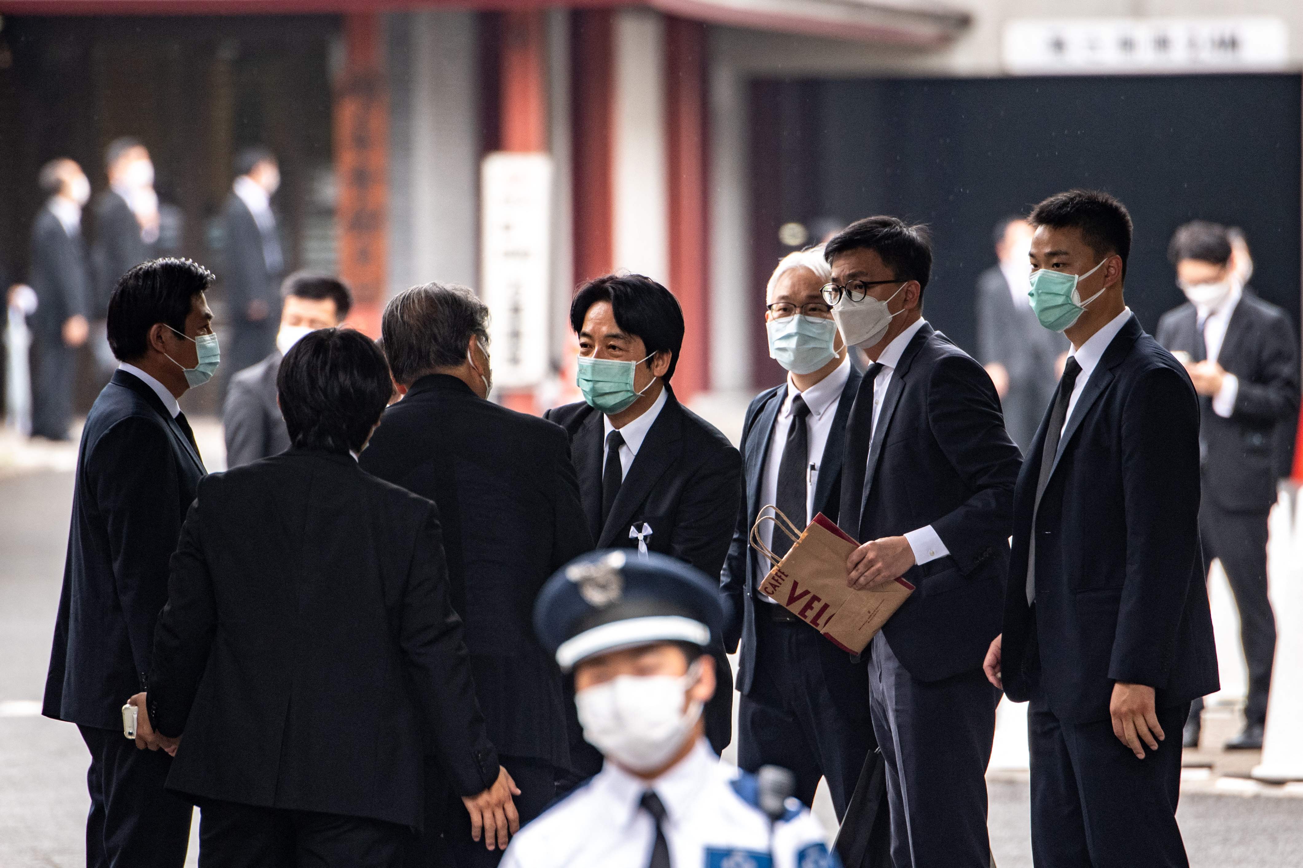 Taiwanese vice president William Lai Ching-te (centre) greets officials as he attends the funeral of late former Japanese prime minister Shinzo Abe, at Zojoji Temple in Tokyo