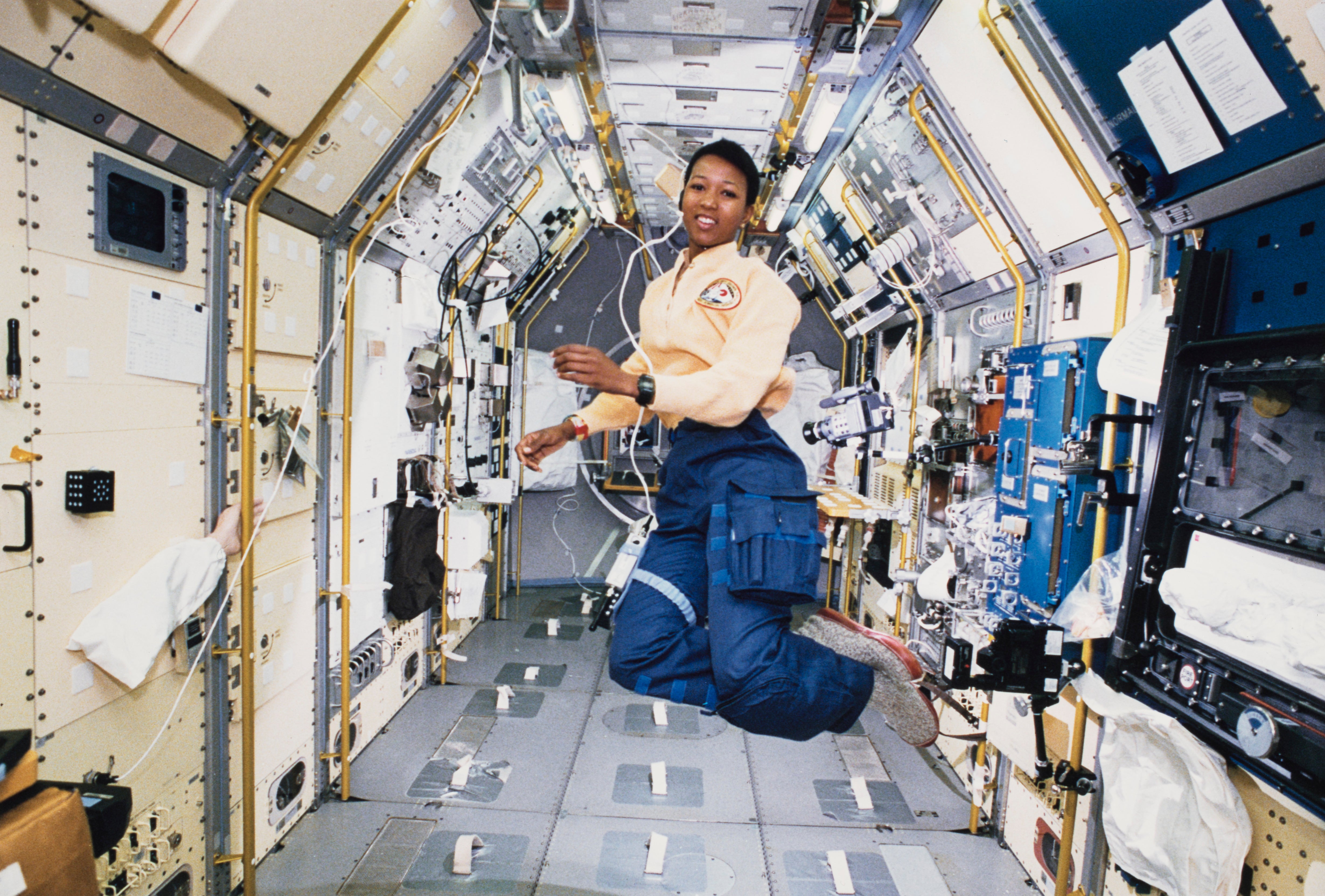American engineer and astronaut Mae Jemison works in zero gravity in the centre aisle of the Spacelab Japan (SLJ) science module aboard OV-105, the Space Shuttle Endeavour, during NASA’s STS-47 mission, 20th September 1992