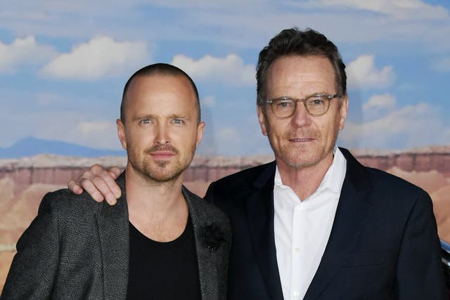 <p>Aaron Paul and Bryan Cranston at the premiere of a spin-off film of ‘Breaking Bad’ called ‘El Camino: A Breaking Bad Movie'</p>