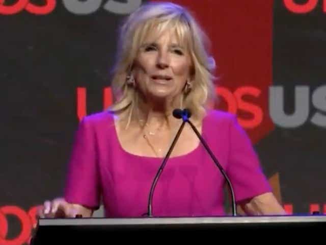 <p>First Lady Jill Biden speaking on Monday to a Latino civil rights group</p>