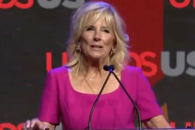 <p>First Lady Jill Biden speaking on Monday to a Latino civil rights group</p>