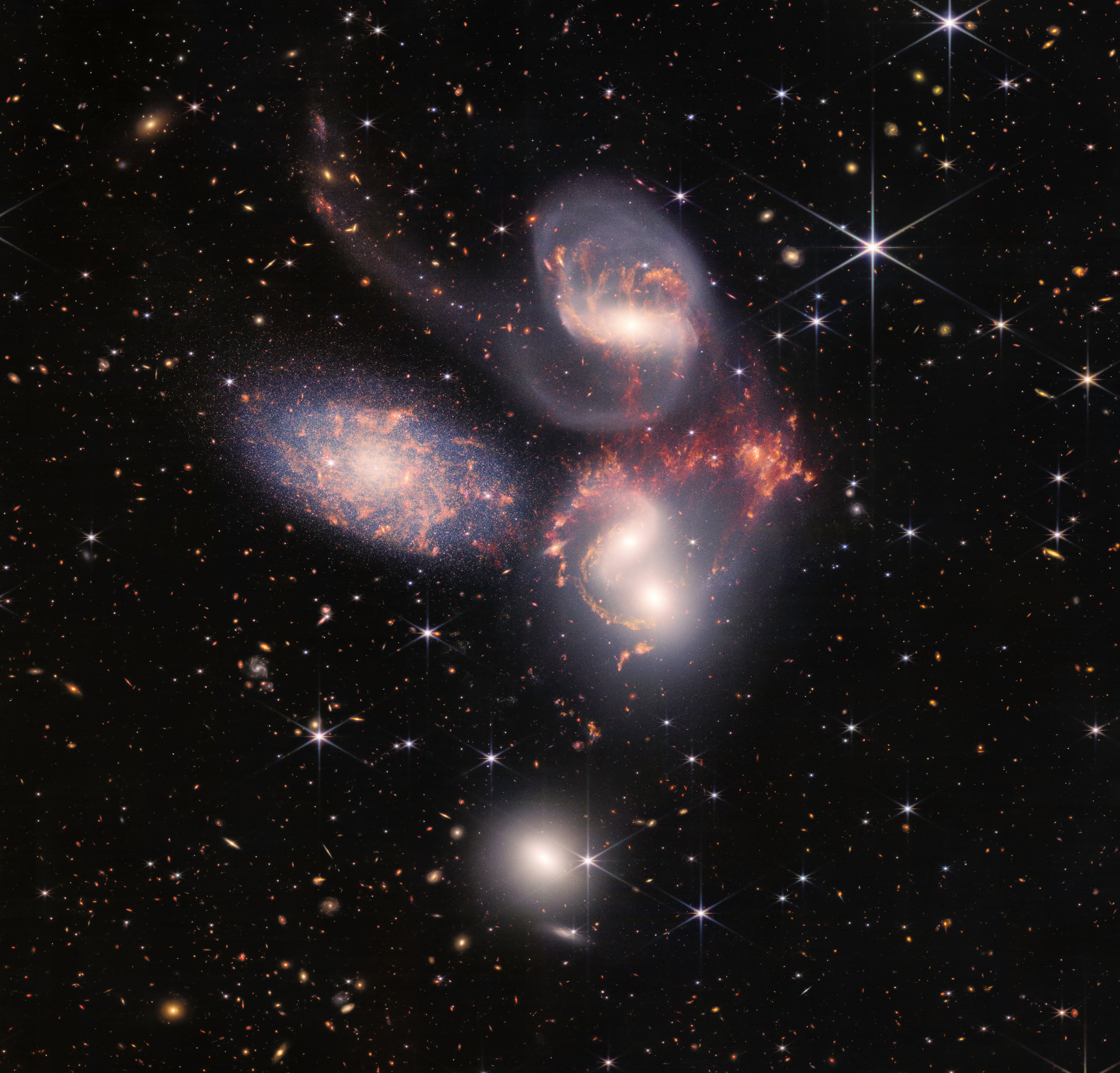 The first Webb Telescope image of Stephan’s Quintet, a collection of five galaxies more than 250 million light years from Earth