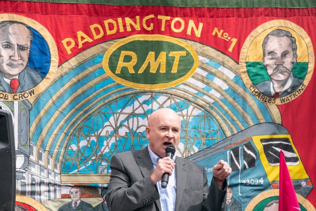 RMT general secretary, Mick Lynch speaks at a rally outside Kings Cross station (Dominic Lipinski/PA)