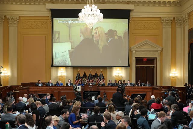 <p>An image of former President Donald Trump and his daughter, Ivanka Trump, is shown on a screen during the seventh hearing held by the Select Committee to Investigate the January 6th Attack on the U.S. Capitol</p>