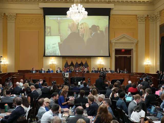 <p>An image of former President Donald Trump and his daughter, Ivanka Trump, is shown on a screen during the seventh hearing held by the Select Committee to Investigate the January 6th Attack on the U.S. Capitol</p>