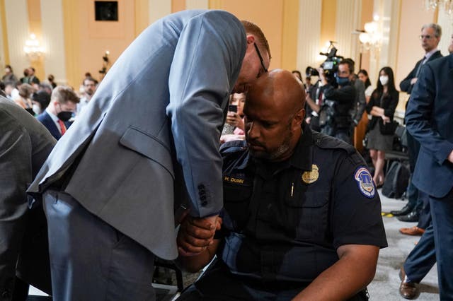 <p>Stephen Ayres speaks to Harry Dunn following testimony before the US House Select Committee to investigate the January 6 Attack</p>