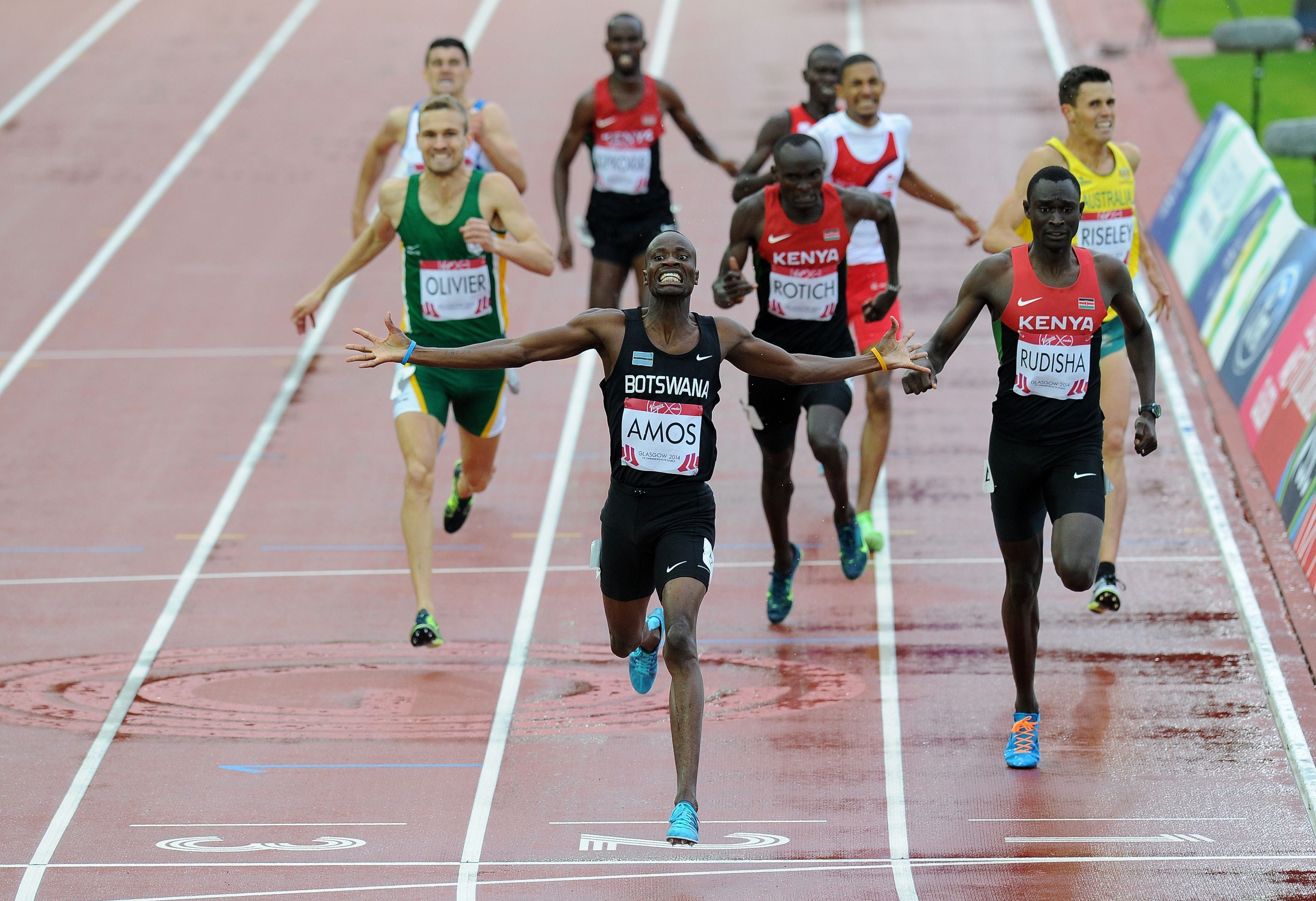 Botswana’s Nijel Amos celebrates winning the Men’s 800m Final at Hampden Park in 2014 (Martin Rickett/PA)