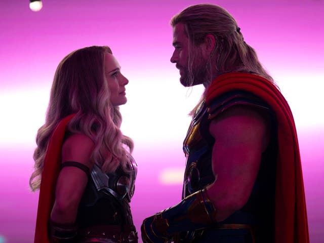 <p>Natalie Portman and Chris Hemsworth in Thor: Love and Thunder</p>