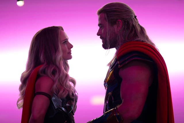 <p>Natalie Portman and Chris Hemsworth in Thor: Love and Thunder</p>