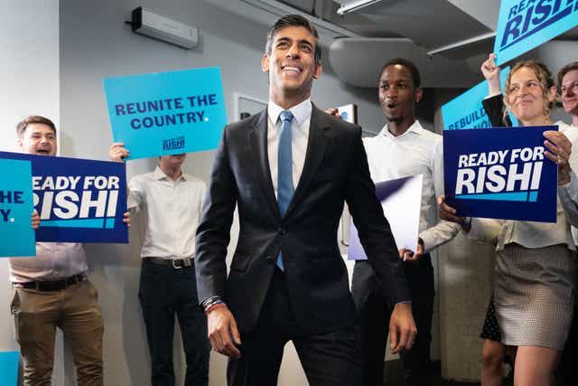 <p>Rishi Sunak at the launch of his campaign to be Conservative Party leader and prime minister at the Queen Elizabeth II Centre in London</p>
