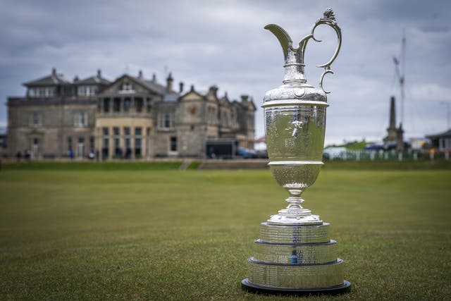 The Open Championship trophy, The Claret Jug pictured on the 18th hole during The Open Media Day at St Andrews (Jane Barlow/PA)