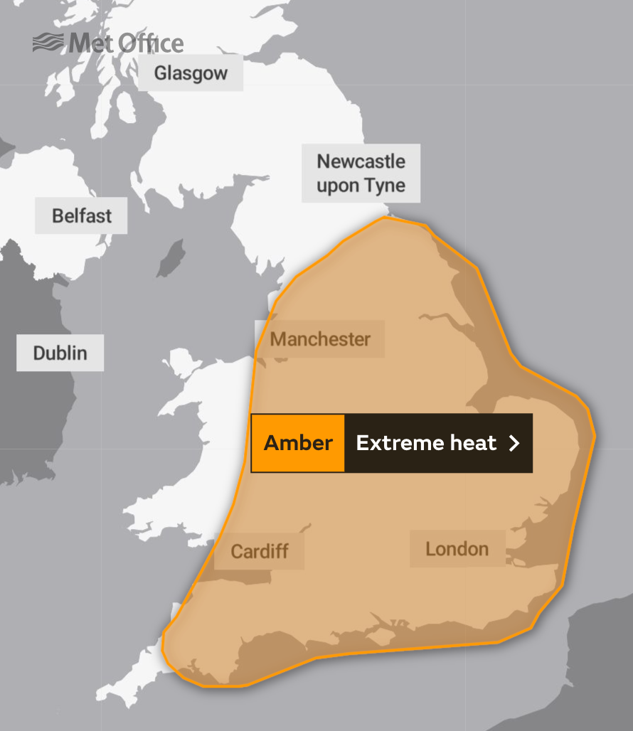 The Met Office’s ‘amber’ warning that extreme heat poses a ‘danger to life’ is in force between Sunday and Tuesday