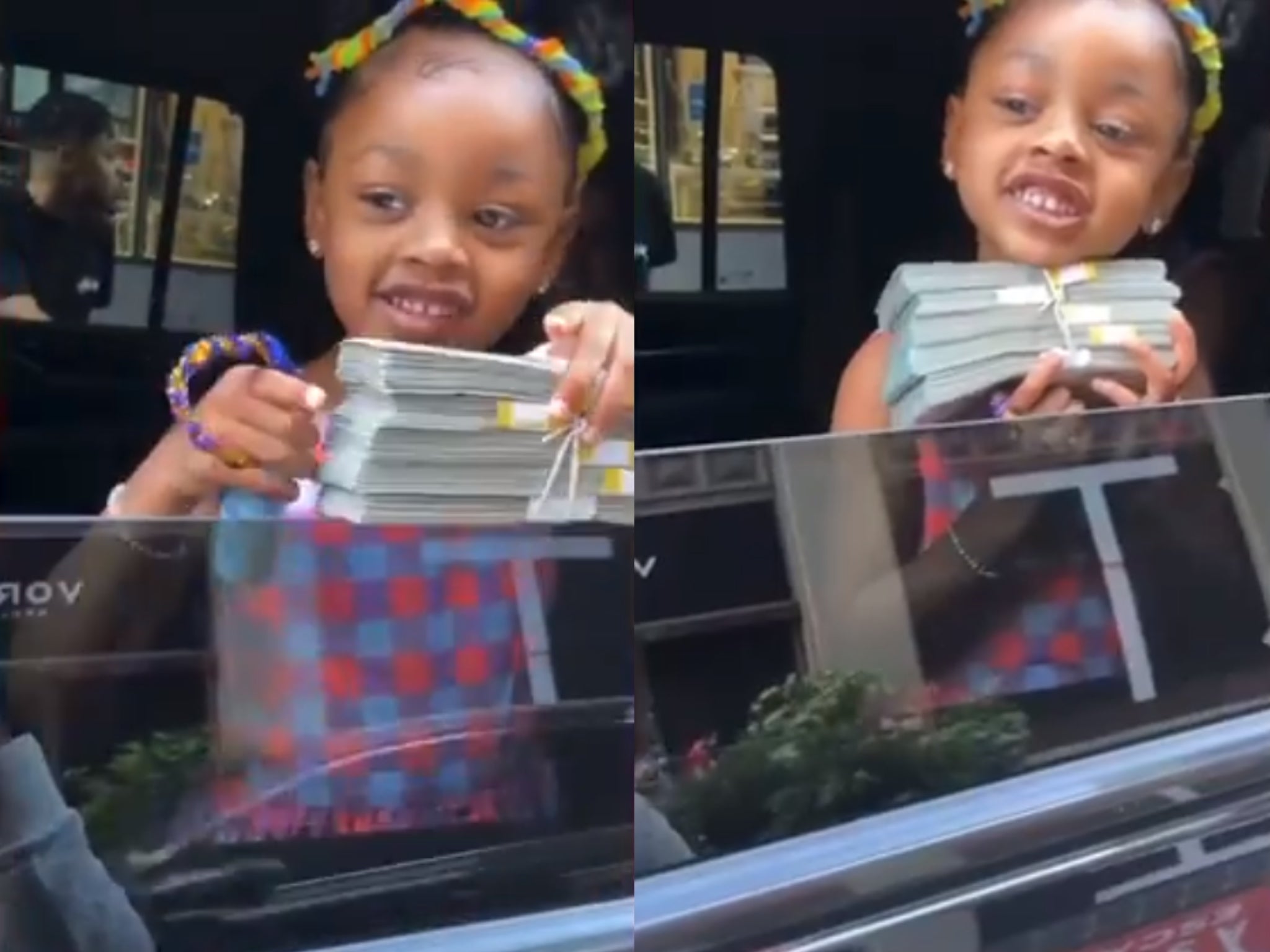 Kulture, the eldest daughter of Cardi B and Offset, holds a stack of cash given to her for her birthday