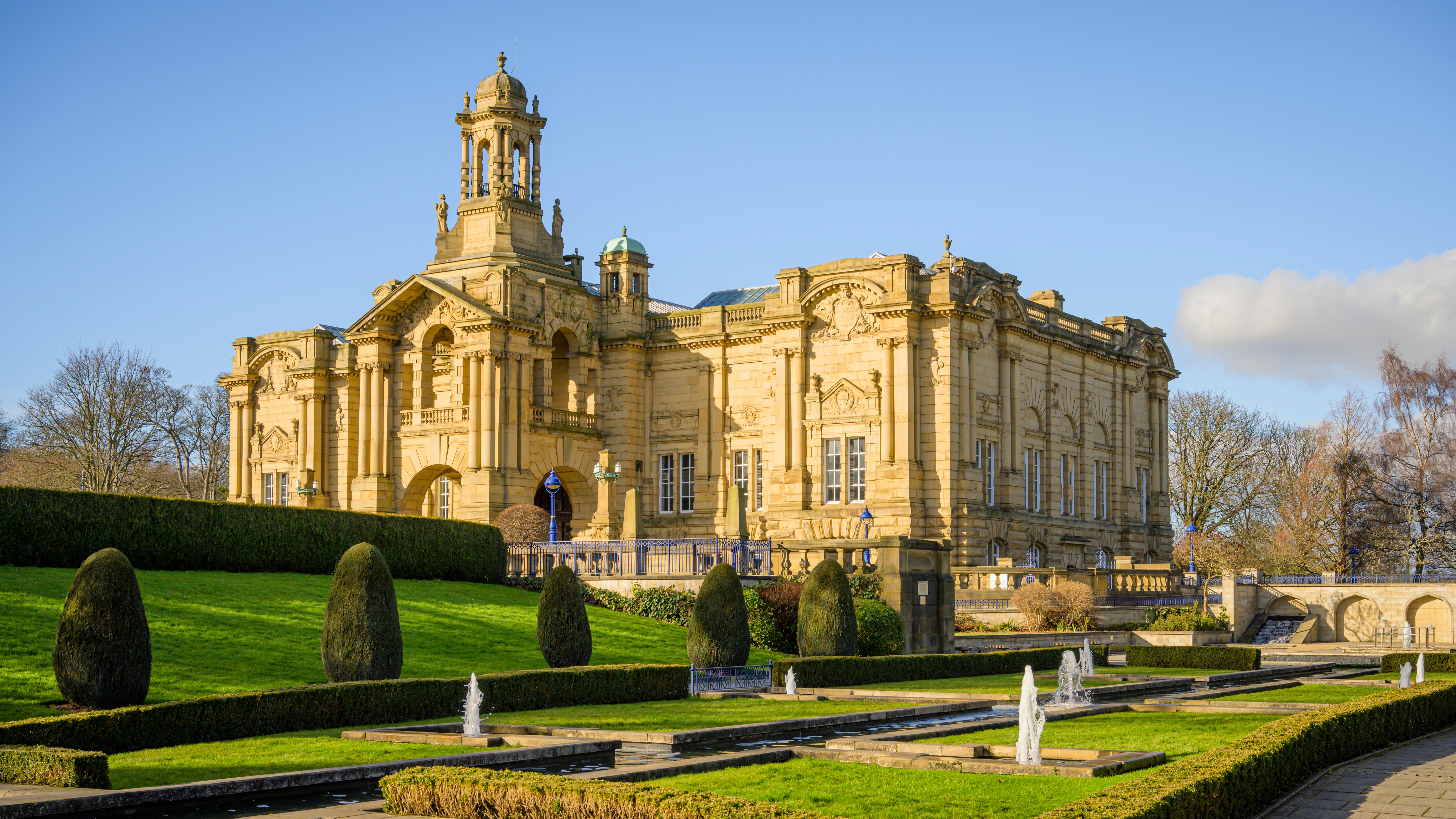 Cartwright Hall in Lister Park, viewed from the Mughal water gardens