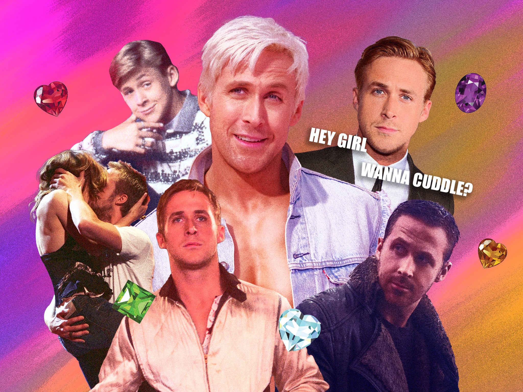 A Gosling for all seasons, clockwise from centre: the Canadian actor in ‘Barbie’, in a meme, in ‘Blade Runner 2049’ and ‘Drive’, at the MTV Movie Awards in 2005, and on ‘The Mickey Mouse Club’