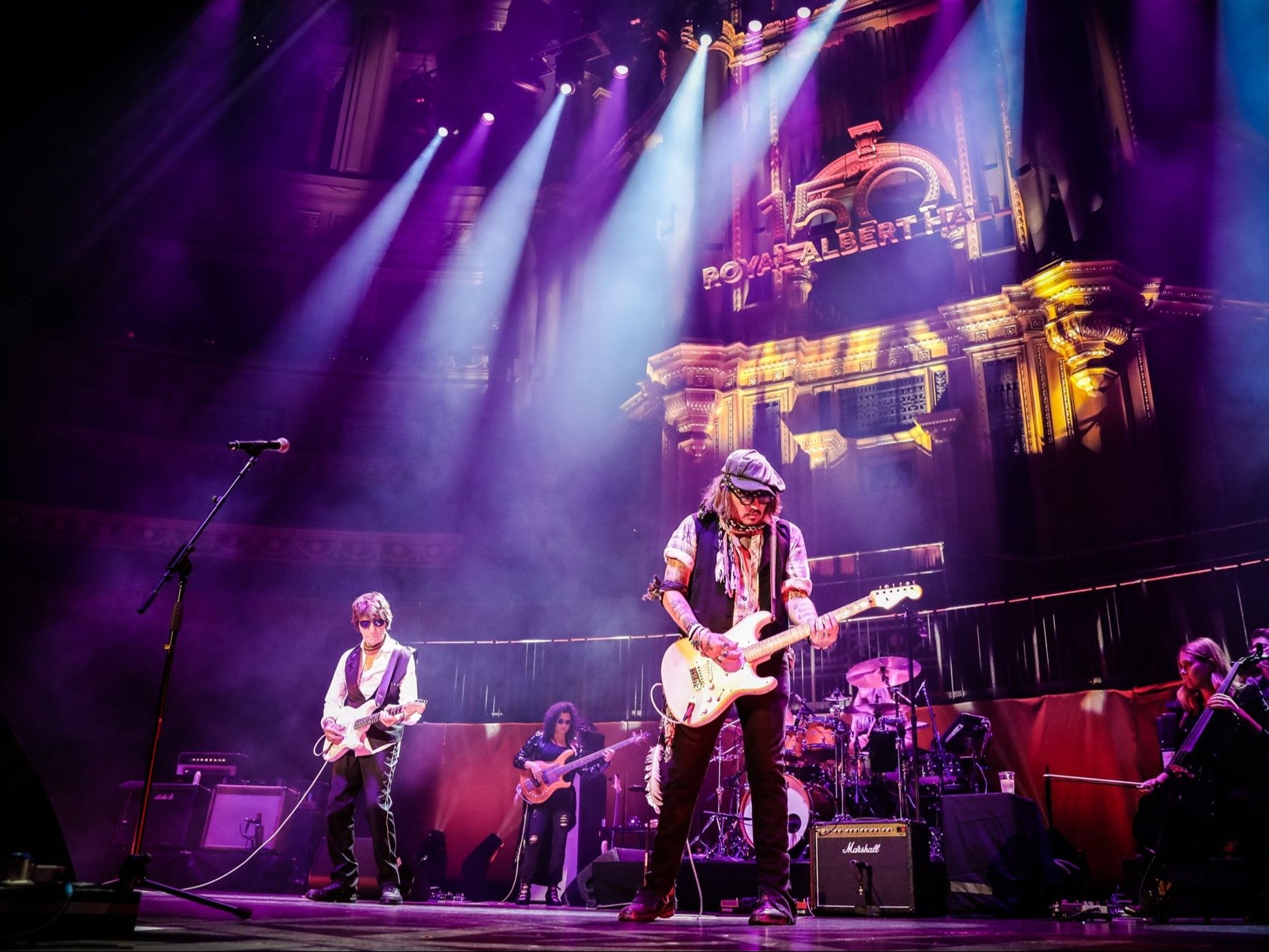 Jeff Beck and Johnny Depp performing at the Royal Albert Hall in London