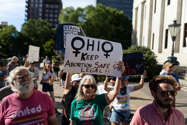 <p>An abortion rights protester at a rally in Columbus, Ohio, in July </p>
