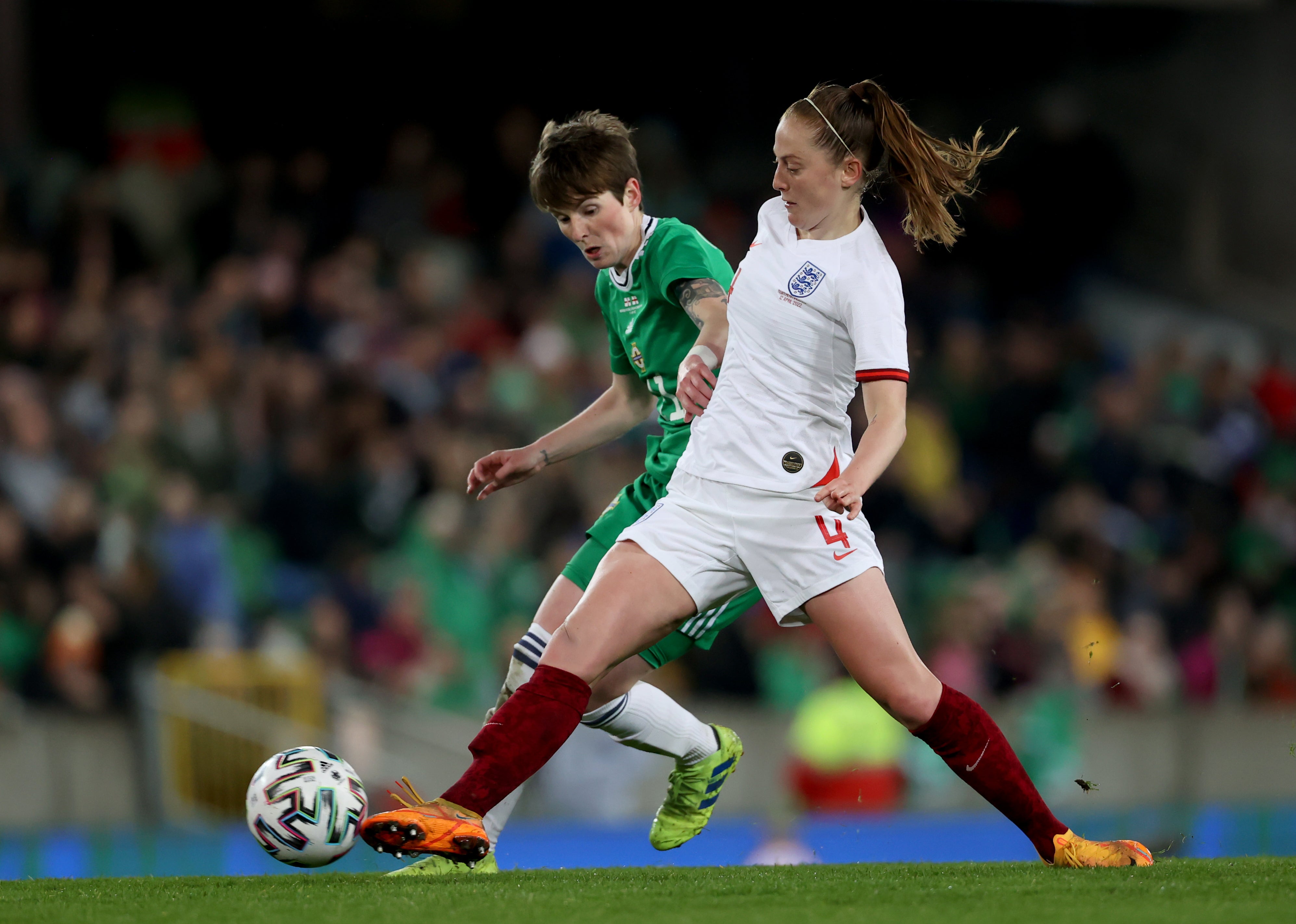 Kirsty McGuinness, left, played in Northern Ireland’s 5-0 World Cup qualifying defeat to England in April (Liam McBurney/PA)