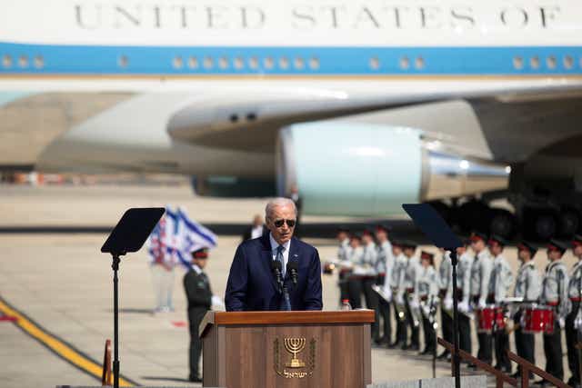 <p>Joe Biden during the welcome ceremony for his visit to Israel</p>
