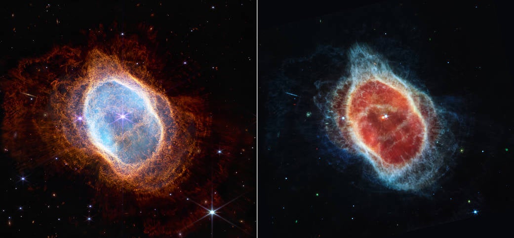 Webb captured images of the Southern Ring Nebular in near-infrared (left) and mid-infrared (right) light.